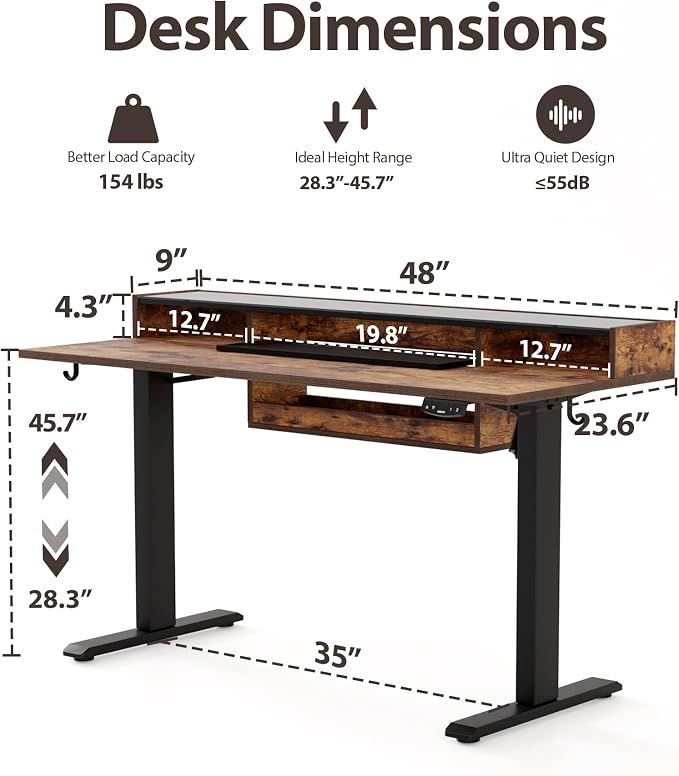 Agilestic Glass Standing Desk with Storage, 48 Inch Electric Adjustable Desk with Glass Shelf and Cable Management, Sit Stand Up Home Office Computer Table, Splice Board, Rustic Brown
