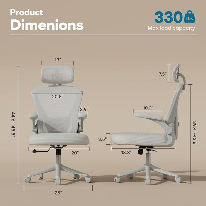 SeekFancy Ergonomic Office Chair M903, Computer Desk Chair | High Back Mesh Office Chair with Adjustable Lumbar Support, Headrest, Flip-Up Armrests, Wheels, 330LBS Capacity, All Grey