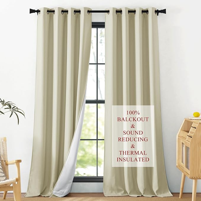 NICETOWN Full Shading Beige Faux Linen Curtains for Windows, Super Heavy-Duty Noise Absorb Lined Blackout Panels for Bedroom, Privacy Assured Window Treatment for Hotel (Pack of 2, 52" W x 95" L)