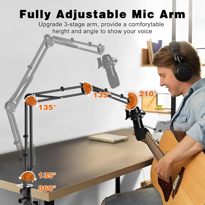 Microphone Boom Arm, Professional Desk Mic Stand with 1/4", 3/8", 5/8" Adapters, Heavy-Duty Clamp, Wide Compatibility for Yeti, AT2020, Podcasting, Streaming & Recording