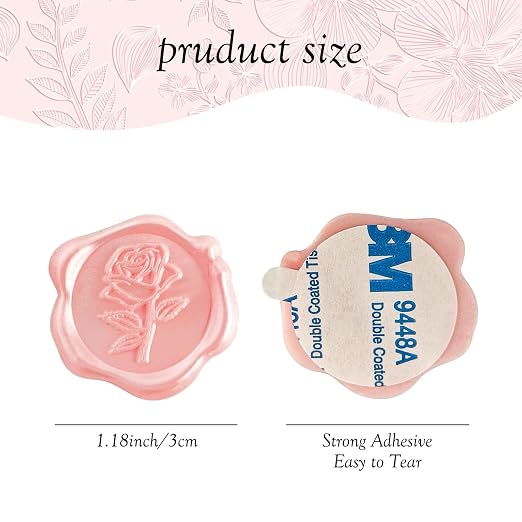 50 Pcs Adhesive Pink Rose Wax Seal Stickers, Rose Wedding Invitation Seal, Pink Rose Seals for Envelope, Easy to Use Rose Envelope Stickers with Good Adhesion