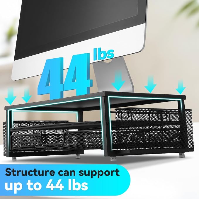 2-Tier Monitor Stand with Drawer, Laptop Stand with Storage for Desk, Heavy Duty Iron Computer Stand Riser & Desk Organizer with Drawers, Home Office Mesh Shelf for Monitor up to 32 Inch (Black)