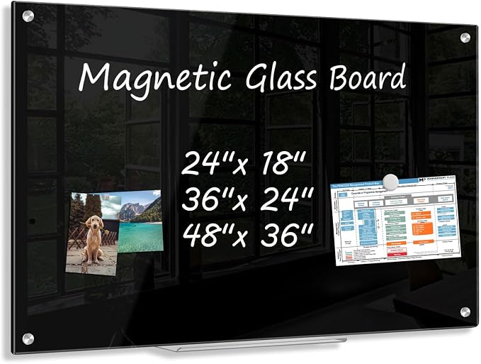 Magnetic Large Black Dry Erase Board, 36" x 24" | Black Glass Board Frameless Wall Mounted Glass Whiteboard for Office, School & Home with 1 Marker & 6 Strong Magnets