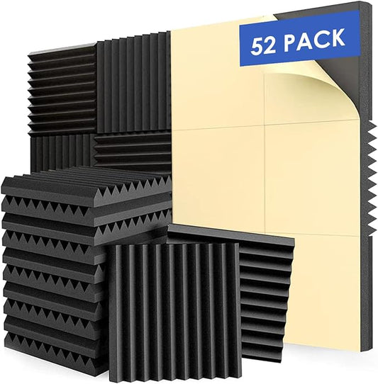 FONESO 52 Pack 1"×12"×12" Wedge Acoustic Foam Panels, High Density Soundproof Noise Cancelling Sound Absorbing Panels with Adhesive for Home Office Recording Studio