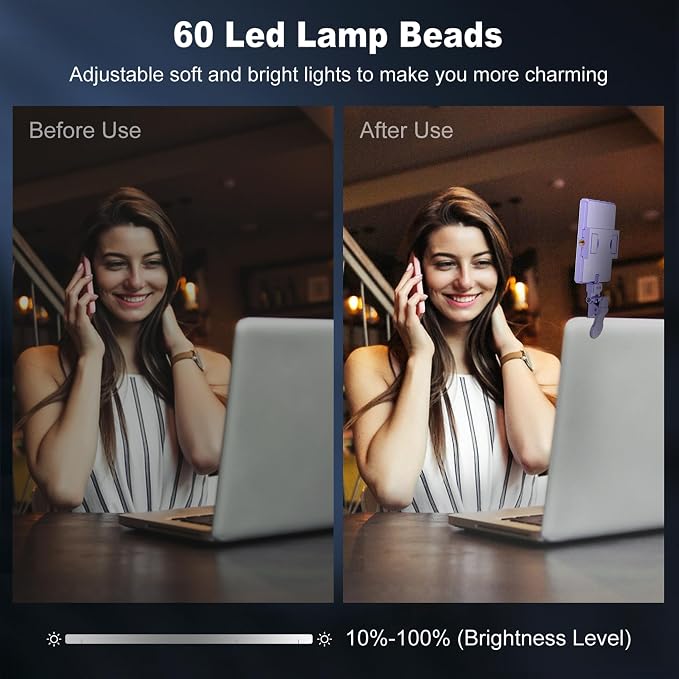 Selfie Light, Phone Light with Front & Back Clip, 60 LED Portable Light with 3 Modes, 5000mAh Rechargeable Video Light for Phone, iPhone, IPad, Laptop, TikTok, Makeup, Live Stream, Vlog(Purple)