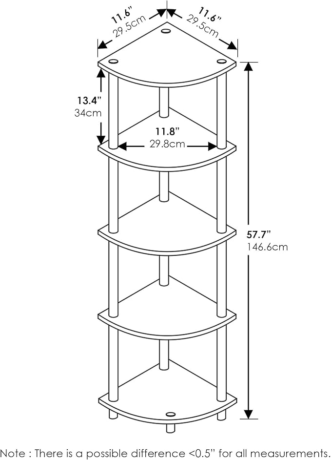 Furinno TURN-N-TUBE Corner Shelf, 5-Tier Corner Bookshelf, Open Storage Shelves, for Organization and Storage, Living Room, Home Office, Garage, Bedroom, Amber Pine