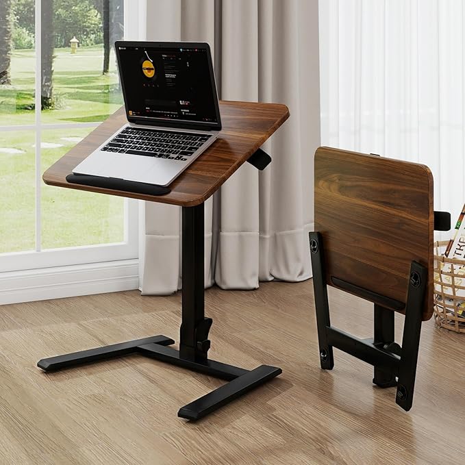 PUNCIA Adjustable Height Small Standing Desk Foldable Laptop Table with Stoppers - 90° Tiltable Rolling Computer Cart Portable Workstation Mobile Desk for Home Office Small Space Bedroom Dorm Study