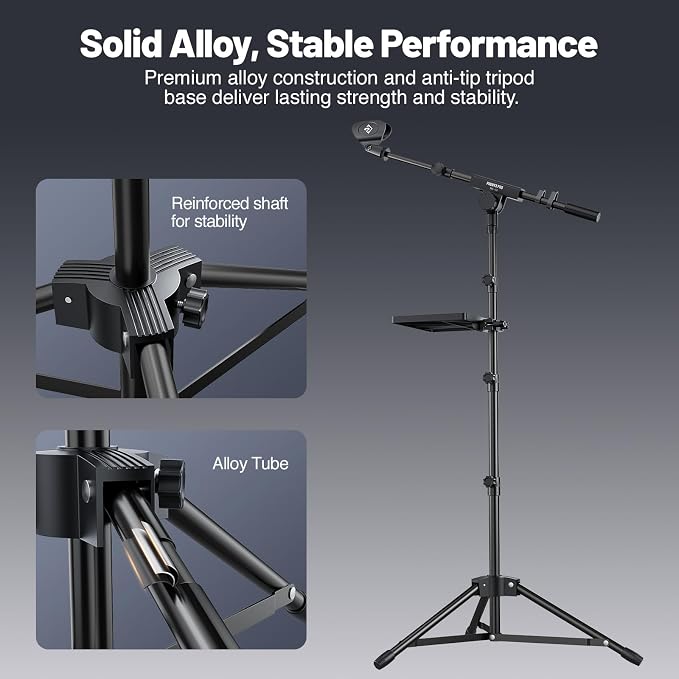 PHENYX PRO Microphone Stand with 22x16cm Large Tray, Adjustable Stand Height, Dual Mic Clips & Carrying Bag, Ideal for Live Streaming, Recording, and Speeches （MA-S1）