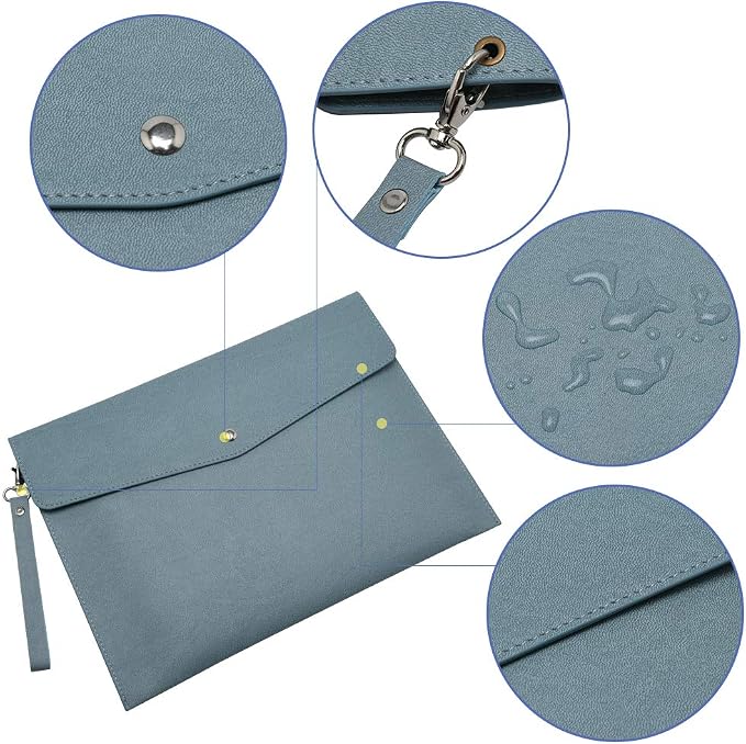 Wonderpool A4 PU Leather Envelope Documents File Portfolio Large Capacity Folders Travel Bag for Paper Letter Stationery Organizer and Tablet Case PC Sleeve (Light Blue)