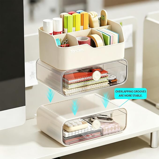 Desk Organizer with Drawers & Divided Compartments, Stackable Desktop Storage Caddy for Makeup and Office Stationery (Cream)