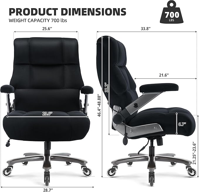VUZI 700LBS Large Heavy Duty Office Chair with 3D Flip Arms, Big and Tall Plus Size Fabric Executive Desk Chairs, High Back Extra Wide Computer Chair with Adjustable Lumbar Support, Sturdy Metal Base