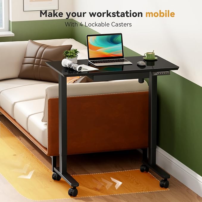 Gibbon Mounts 35” Electric Black Glass Standing Desk with Drawer & Wheels | Small Mobile Whole Piece Height Adjustable Cart with 4 Lockable Casters, Compact Computer Workstation for Home, Office