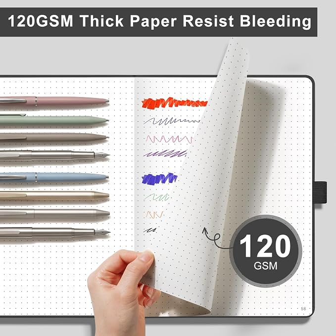 AHGXG Dotted Journal Notebook, 160 Numbered Pages, A5 Medium Size (5.7'' x 8.3''), 120 GSM Thick Paper, Leather Hardcover, for Journaling, Planning, Tracking (Black)
