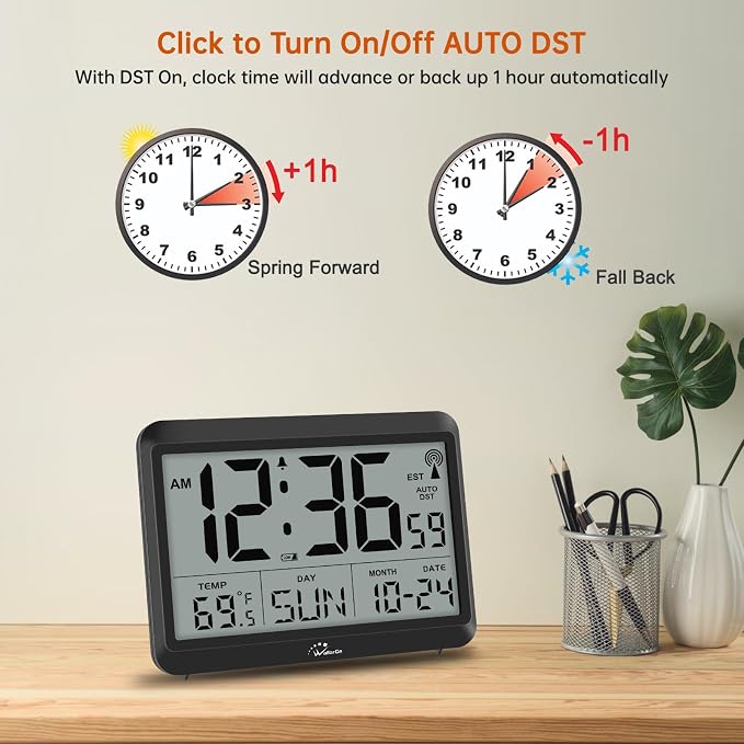 WallarGe Self-Setting Atomic Digital Wall Clock with Auto DST | Battery Operated, Large Display with Temperature, Date and Day, 4 Time Zones, Wall Mount/Desktop Clock for Classroom, Office