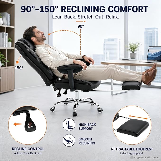 Big and Tall Office Chair Heavy Duty Wide Executive Office Chair (Black) | Breathable Leather，Double-layered Backrest，Seat Cushion Designed of Deluxe Embroidery Leather，Foot Rest, Adjustable Armrests