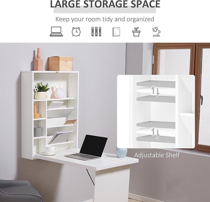 HOMCOM Wall Mounted Fold Out Convertible Desk, Multi-Function Floating Desk with Storage Shelf for Home Office, White