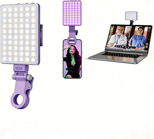 Selfie Light for iPhone-camera light for content creator -portable light-Clip on Light with 3 Mode&10 Brightness Levels, Ring Light for Phone for TikTok-Makeup-video recording-Vlog-Laptop-Purple
