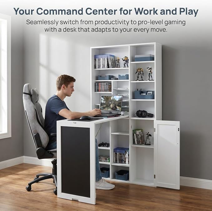 Utopia Alley Fold Down Wall Desk with Storage Shelves – Space Saving Murphy Desk Cabinet for Home Office, Craft Room, Apartment & Small Spaces, White