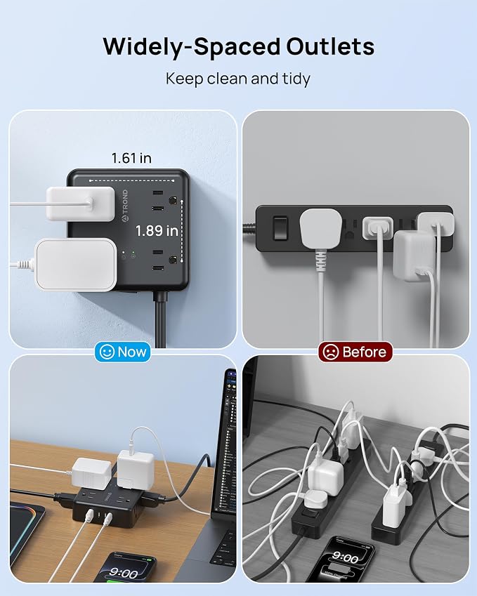 TROND Surge Protector Power Strip, 5FT Flat Plug Extension Cord with 8 Outlets & 4 USB Ports (3 USB C), 1625W, Wall Mount Outlet Extender for Home Office Dorm Room Essentials, Black