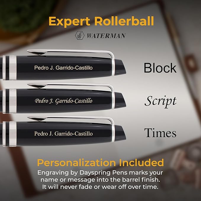Engraved Waterman Expert Capped Rollerball Pen in Black Lacquer with Chrome Trim. Luxury Business Gift for Executives, Board Members, or Trustees.