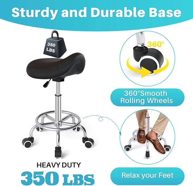 YEEZEE Saddle Stool Ergonomic, Saddle Chair with Wheels, Dark Black | Comfortable Wide Thick Saddle Seat Padding, 360°Swivel, Adjustable Height, Ring Pedal Design, for Medical Massage Salon Spa