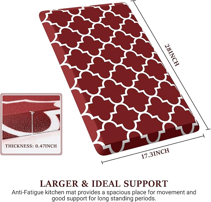 WISELIFE Cushioned Anti-Fatigue Mats,17.3"x 28",Non Slip Waterproof Heavy Duty PVC Ergonomic Comfort Rug for Kitchen, Floor Home, Office, Sink, Laundry,Red