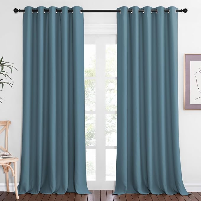 NICETOWN Patio Blackout Curtain Panels - Extra Wide Sliding Door Thermal Insulated Drape, Privacy Room Divider Curtain for Bedroom Office (Smoky Blue, 66 x 118 Inch Long)