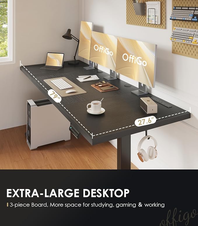 OffiGo 79 Inch Executive Electric Standing Desk Height Adjustable, Black | 1.38" Thick 3-Panel Desktop, Power Outlets, 3 Memory Presets, Dual-Beam Frame for Home Office, Workstation, Conference Room