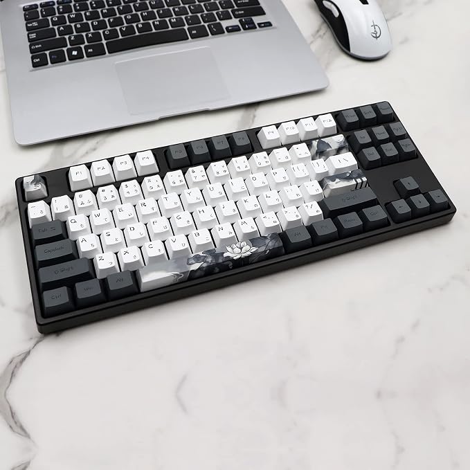 JSJT Ink Lotus Keycaps OEM Profile Japanese Keycaps 140 Keys PBT Dye Sublimation Custom Keycap Suitable for GK61/64/68/84/87/96/98 Cherry MX Switches ANSI/ISO Layout Mechanical Keyboards