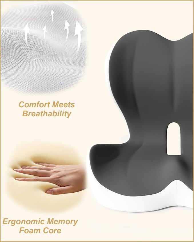 Office Chair Seat Cushion with Back Lumbar Support, Ergonomic Memory Foam | Integrated L-Shaped Backrest and Coccyx Cutout with Non-Slip Base for Car Seats, Wheelchairs and Long Sitting Comfort
