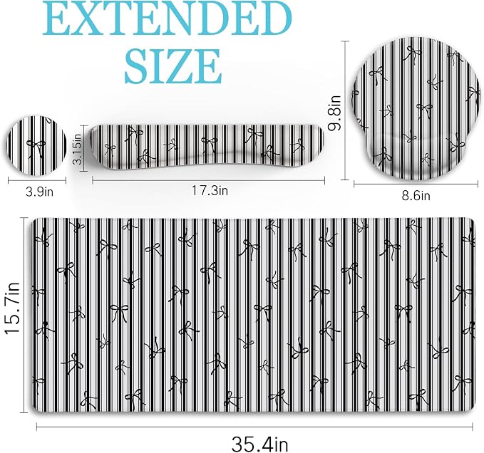 LIMKRIAN Black Striped Ergonomic Large Desk Mat Set with Wrist Rest | Non-Slip PU Base, Stitched Edges, Gel Wrist & Keyboard Rest Ease Pain, Ideal For Office/Gaming, Cute Home Office Decor
