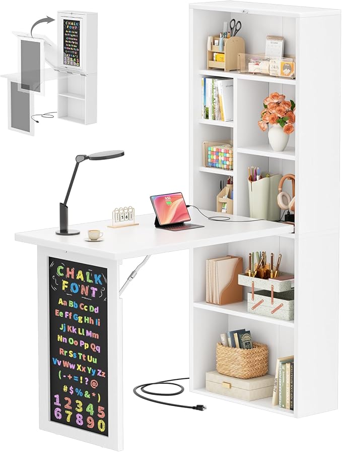 Armocity Small Folding Desk with Outlets, Convertible Writing Desk for Small Spaces/Home Office/Craft Room, Multi-Function Desk Workstation with Blackboard, Fold-Out Cabinet Table, White