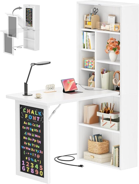 Armocity Small Folding Desk with Outlets, Convertible Writing Desk for Small Spaces/Home Office/Craft Room, Multi-Function Desk Workstation with Blackboard, Fold-Out Cabinet Table, White