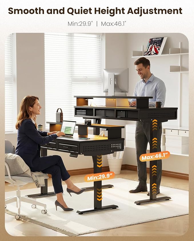 OffiGo 48 Inch Electric Standing Desk, Black, 3 Wood Drawers, Monitor Stand | 3 Outlets & 2 USB Ports, 20 LED Modes, 3 Memory Heights, 29.9"-46.1" in Range, Cable Management Tray, 154 lb Capacity