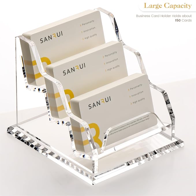 YUXUN Business Card Holder for Desk, Acrylic Business Card Display Stand with 3 Slot 3 Tier, Office Desk Accessories for Man &Woman,150 Cards Capcity, Clear