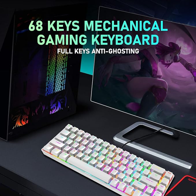 65% Wired Gaming Mechanical Keyboard and Mouse Combo, Mini 68 Keys, RGB Backlight, Lightweight RGB Optical Mouse,Mouse Pad Compatible with PS4,Xbox,PC,Laptop,MAC (White/Blue Switch)