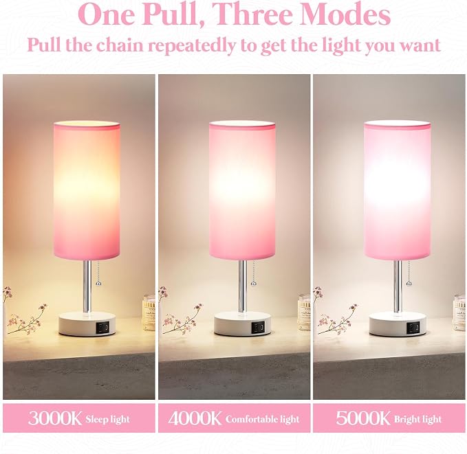 Dicoool Pink Bedside Table Lamp for Bedroom, Small Nightstand Lamp for Girls Kids, 3 Color Temperatures & USB Charging Port, Cute Desk Lamp for Teens Room Decor, Dorm Room Essentials