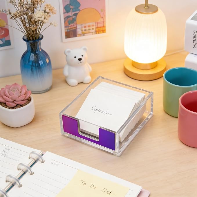 NatSumeBasics Rainbow Clear Acrylic Sticky Note Holder, Desktop Memo Cube Holder Note Pad Dispenser, Aesthetic Desk & Office Accessories