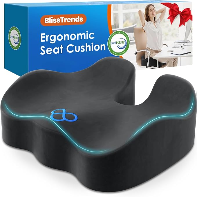 BlissTrends Seat Cushion,Thick Memory Foam Cushions for Office Chair, Car Seat, Airplane, Relieving Pressure Tailbone Sciatica Back Pain for Long Sitting Office Workers, Car Drivers 4.7in Thick Grey