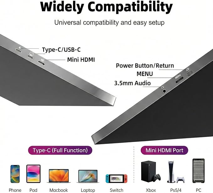 14 Inch Portable Monitor 1920x1200 IPS 16:10 Laptop Screen Extender, HDR FreeSync USB-C HDMI External Travel Monitor with Smart Cover & Dual Speakers for Mac PC PS5 Xbox Switch
