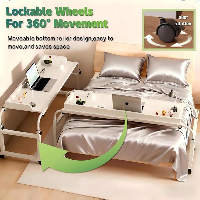 Overbed Table with Wheels and Desktop Enclosure, Height and Length Adjustable Over Bed Desk King Queen Bed Table Overbed Laptop Table (White)