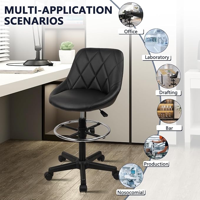KLASIKA Drafting Chair with Backrest, Faux Leather Height Adjustable Rolling Swivel Stool with Foot Ring, Ergonomic Tall Standing Desk Office Chair with Wheels for Workshop Kitchen Bar Counter