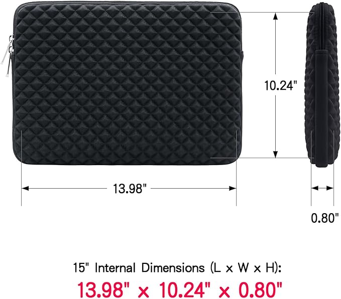 RAINYEAR 15 Inch Laptop Sleeve Diamond Foam Shock Resistant Padded Case Fluffy Lining Cover Carrying Bag Compatible with 15.4" MacBook Pro/Air, Surface Laptop 3/4 15", New XPS 15 Touch (Black)
