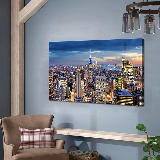 Large New York City Wall Art NYC Skyline Picture Office Wall Decor Modern Manhattan Cityscape Canvas Prints Night City Urban Skyscraper Panoramic Artwork for Bedroom Living Room Home Decoration 24x48"