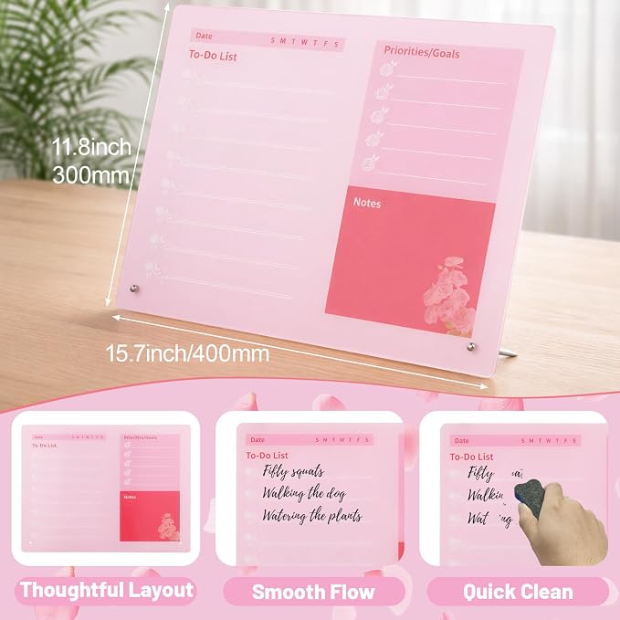 LeMotech Desktop Acrylic Dry Erase Board, 15.7x11.8 inches to-Do List Planner, Tabletop Whiteboard with Stand Office Supplies Includes 2 Markers & 1 Eraser, Pink Rose Pattern, 1 Pack
