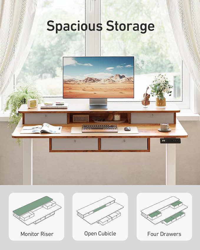 CubiCubi 48" x 24" Standing Desk with Drawers, Height Adjustable Electric Workstation, Computer Sit Stand Up Table with Large Storage Shelf 4 Drawers and 2 Hooks, Light Rustic Brown