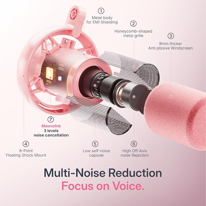 MAONO PD200W Hybrid Wireless Podcast Equipment Bundle for 2, XLR USB Dynamic Microphone Kit with 2 Boom Arm, Software, Noise Cancellation, for Co-hosted Podcast, Vocal Recording, Pink