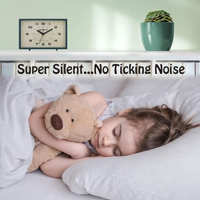Analog Alarm Clock, 6 inch Silent Non Ticking Small Clock with Night Light, Battery Operated Simply Design for Bedroom, Bedside, Living Room, Room Decor, Desk, Table (Green)