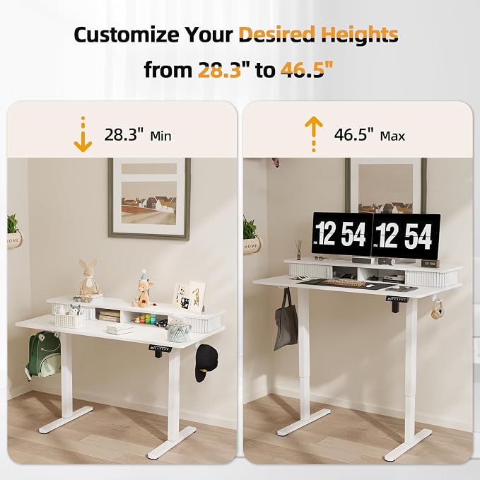 JOY worker 48" Electric Adjustable Standing Desk with Storage Monitor Stand | White Computer Desk Height Adjustable with Storage Shelves, Spacious Woskstation, Sit Stand Desk with 2 Hooks, Home Office