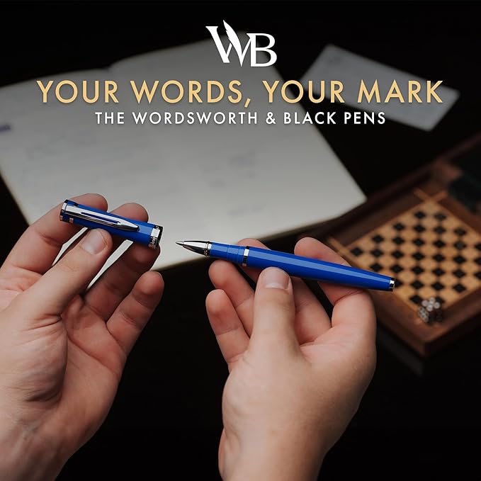 Wordsworth and Black Rollerball Pen - Luxury Pen - Chrome Finish, Blue Lacquer, Ink Refill, Refillable, Gift for Men & Women, Professional Writing, Nice and Fancy Pens and for Work